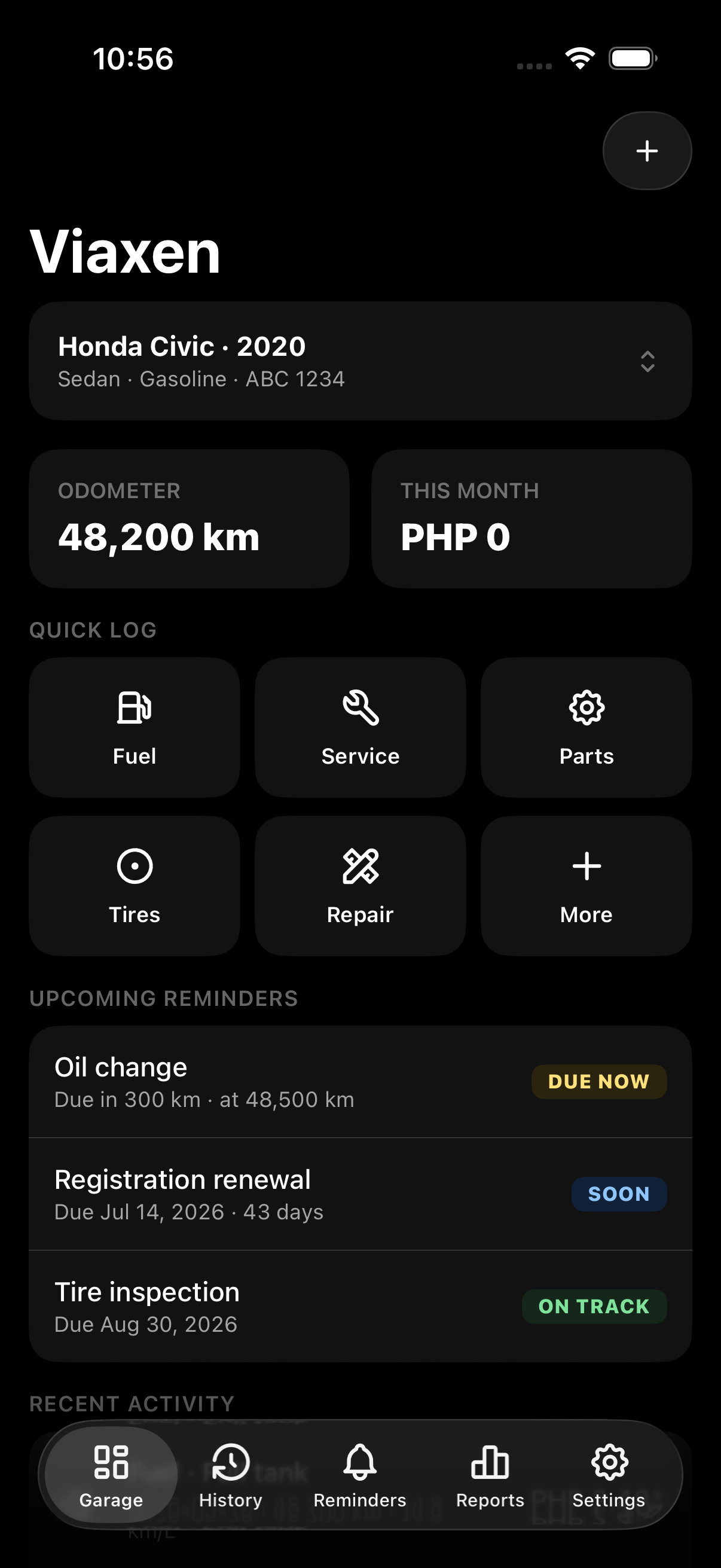 Viaxen Log garage dashboard