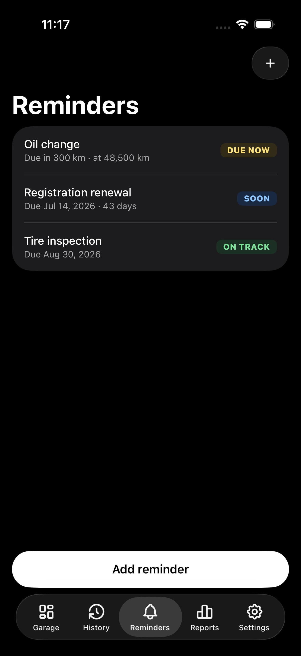 Reminders tab